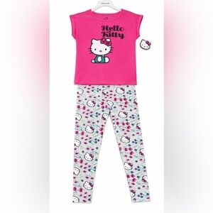 Hello Kitty Girls Outfit Pink T-Shirt Floral Leggings Set Cute Size 8-10
